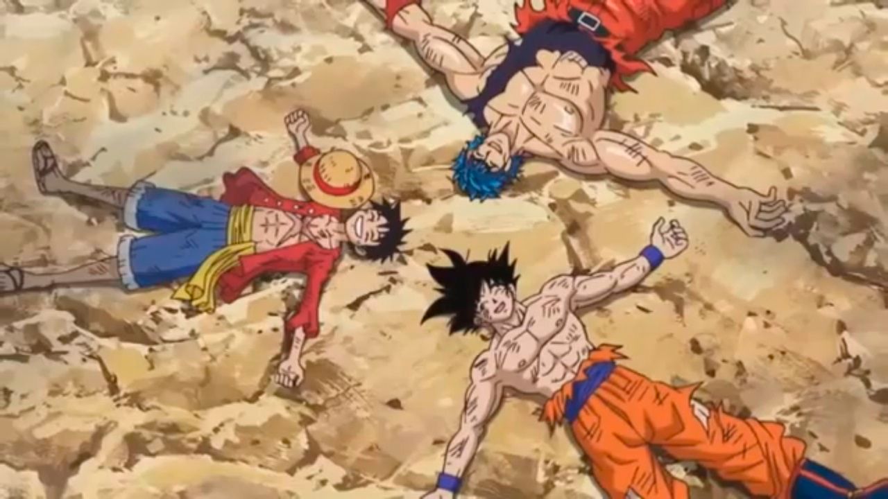 Main characters Luffy, Goku, and Toriko are seen smiling and laying on the dirt after a big battle.