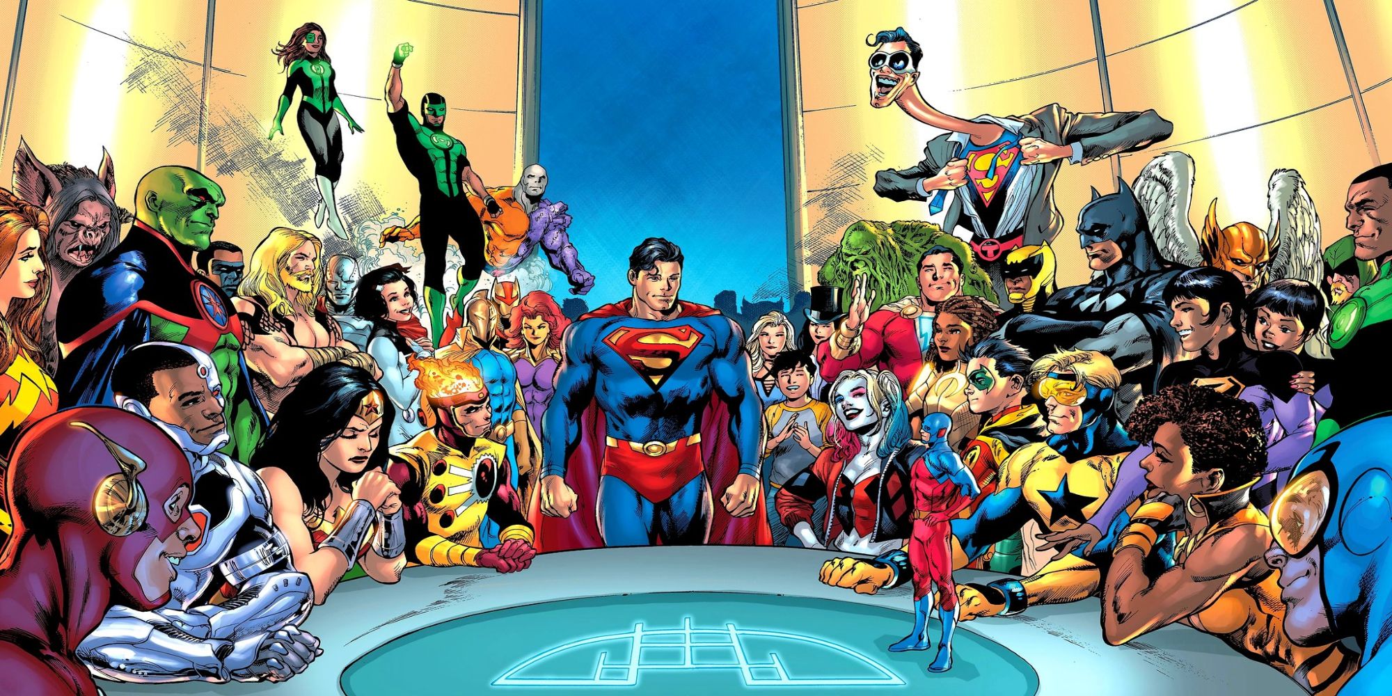 DC characters sitting together for a reunion