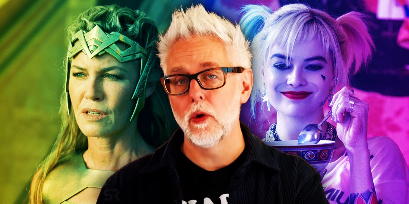 Queen Hippolyta, Harley Quinn, and James Gunn split image