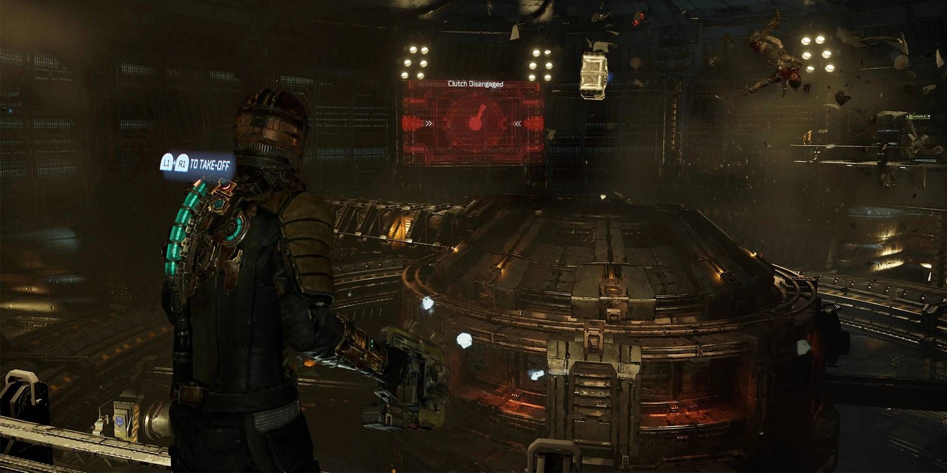 Dead Space Remake Centrifuge Puzzle Room with Disabled Machinery in Front and Isaac Ready to Take Off in Zero Gravity