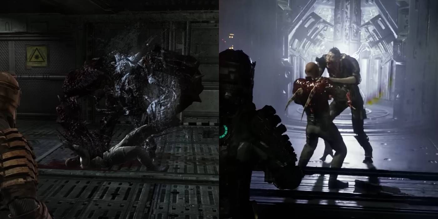 Uma comparação da cena da morte de Hammond em Dead Space à esquerda e o remake à direita.  Em ambos, Hammond está sendo morto por um Necromorfo, mas no remake ele está de pé na frente de uma luz de fundo em vez de no chão.
