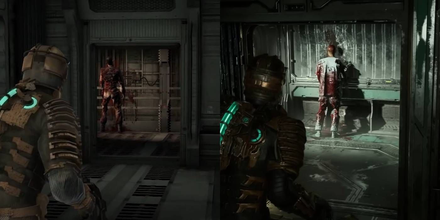 A vertically split image showing the same scene in the original Dead Space on the left, and the remake on the right. Isaac watches from behind as a man covered in blood bangs his head against a wall.
