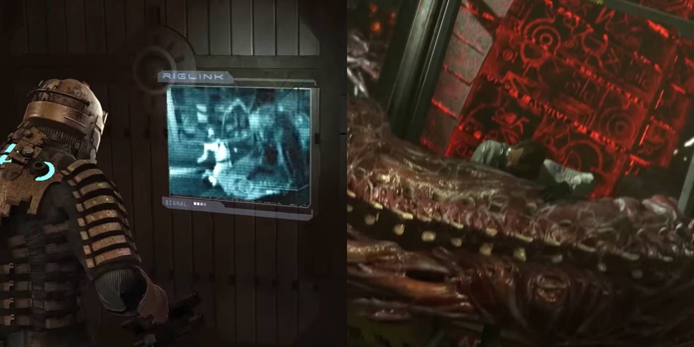 Mercer's death scenes from the original Dead Space on the left, and the remake on the right. The original has Isaac watching Mercer willingly let torn apart by a Necromorph through a video feed, while the remake has Mercer get crushed against a Marker by a giant Necromorph tentacle.