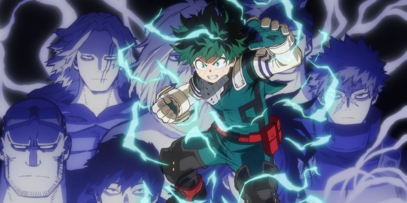 mha My Hero Academia Deku e os vestígios de One For All com energia verde crepitando ao redor de Deku.