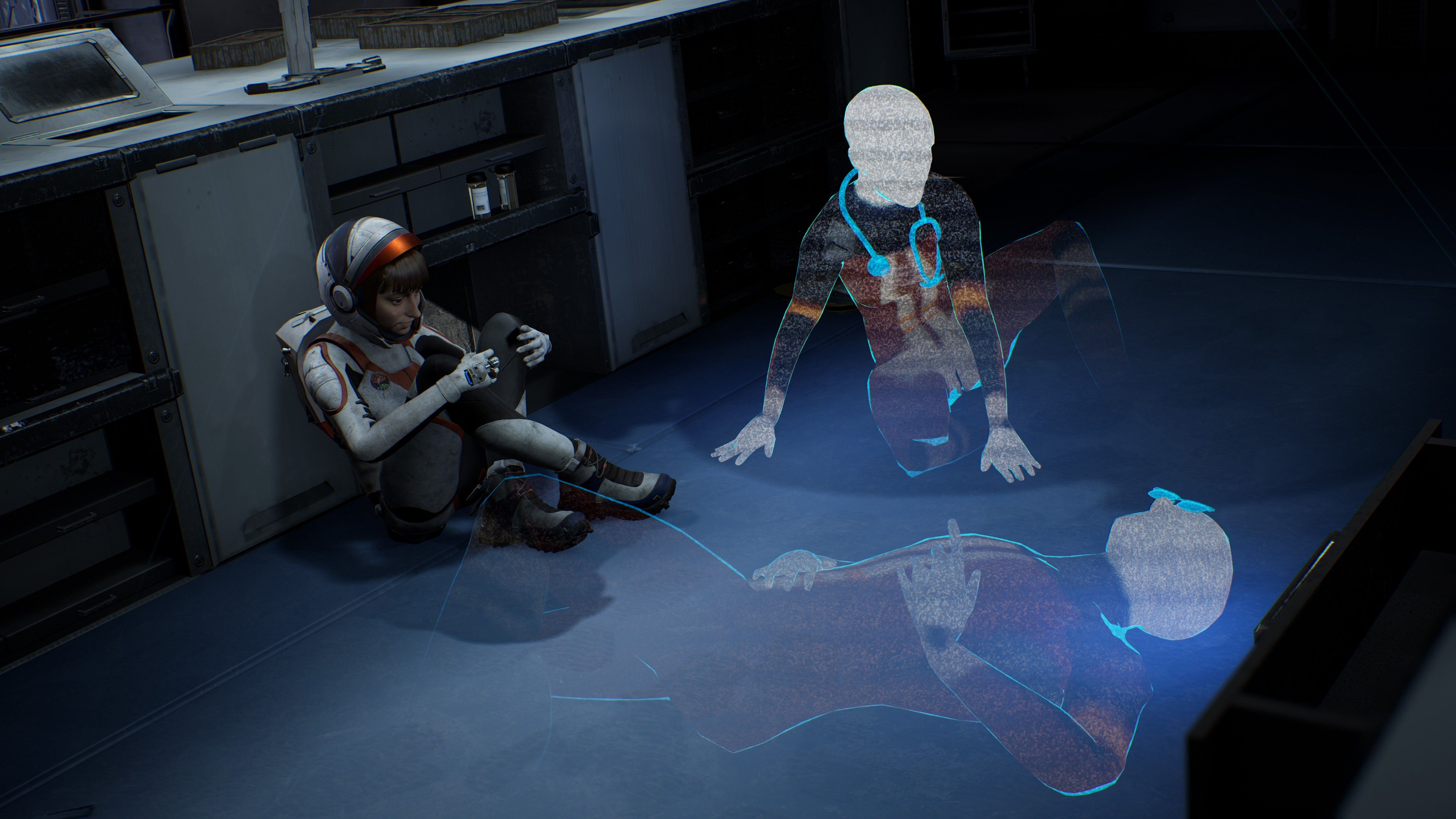 Kath in Deliver Us Mars sitting on the floor next to a hologram of a man in a spacesuit.