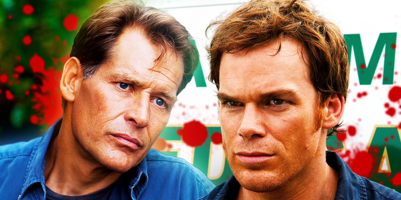 Image of Harry Morgan and Dexter Morgan with blood splatter behind them