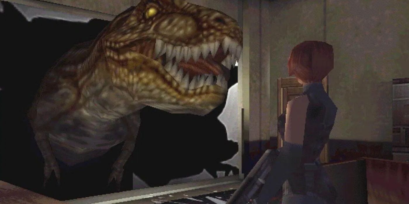 Dino Crisis cutscene do T-Rex batendo em uma janela.