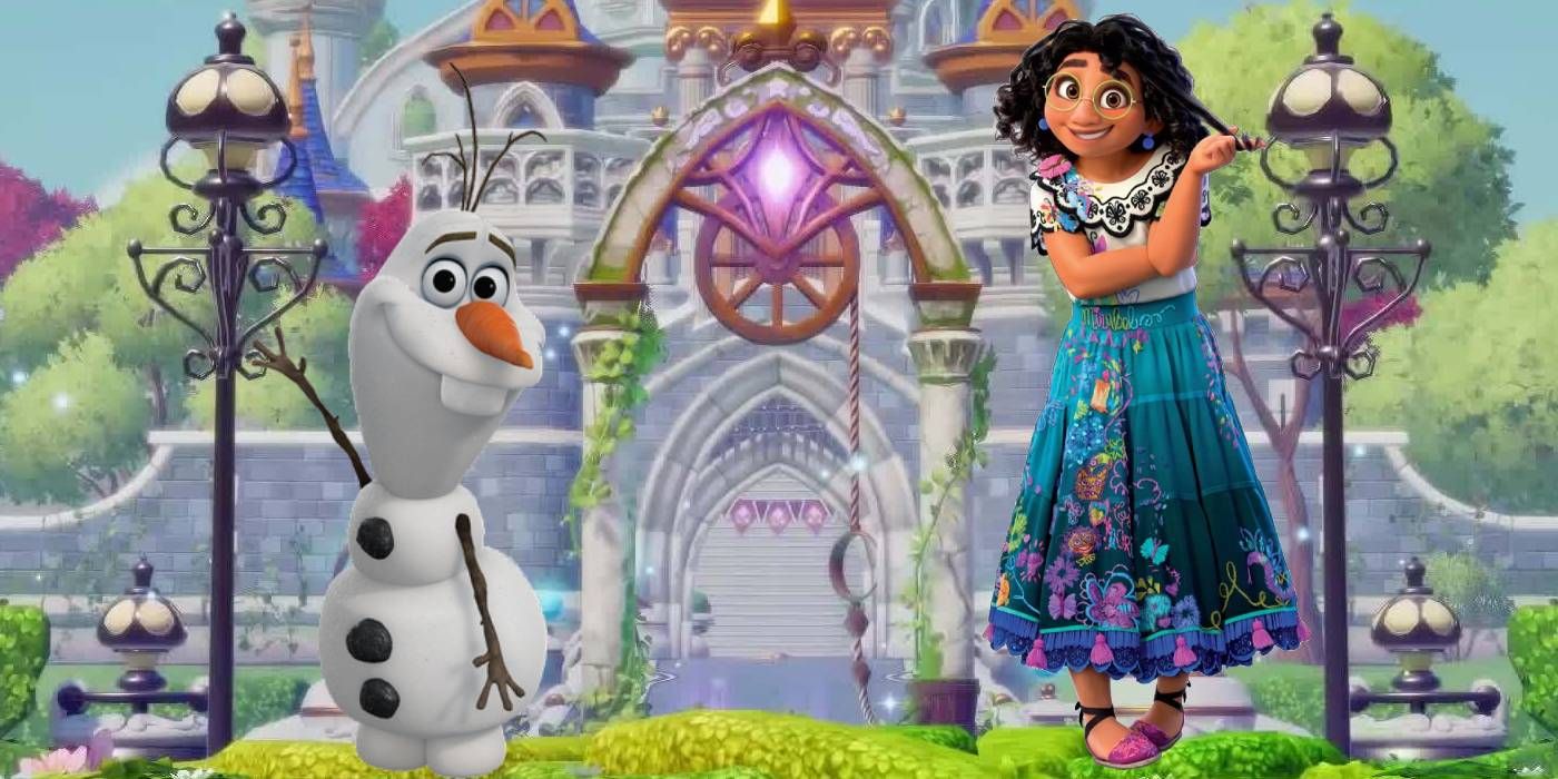 Olaf and Mirabel Madrigal in front of the castle from Disney Dreamlight Valley