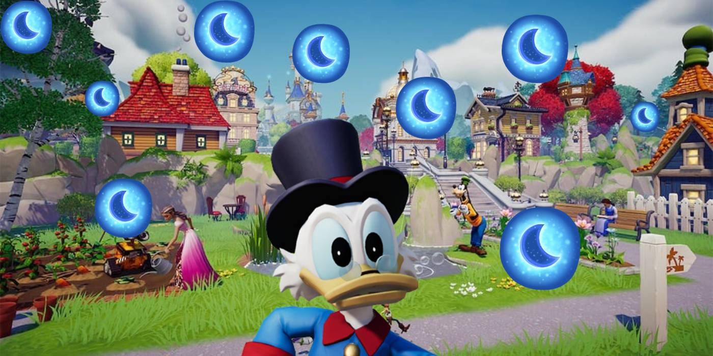 Scrooge McDuck surrounded by Moonstones from Disney Dreamlight Valley