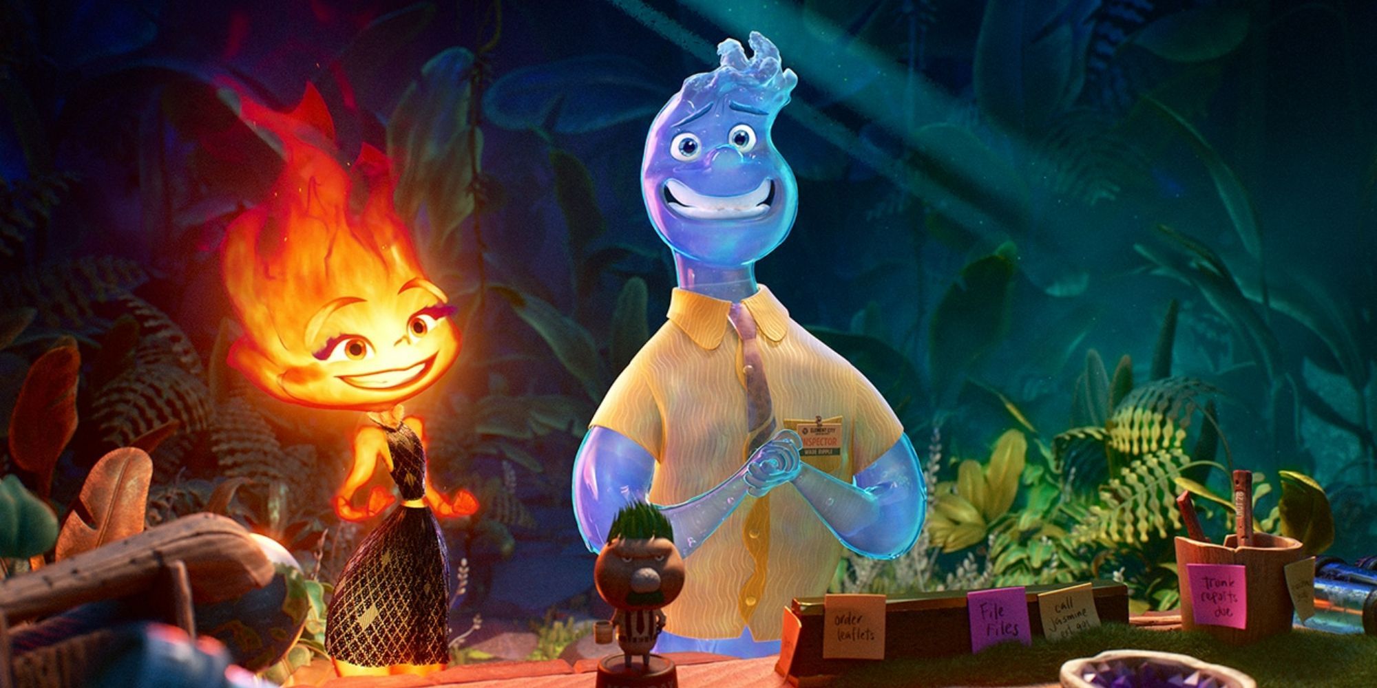 Ember and Wade smiling nervously in Pixar's Elemental