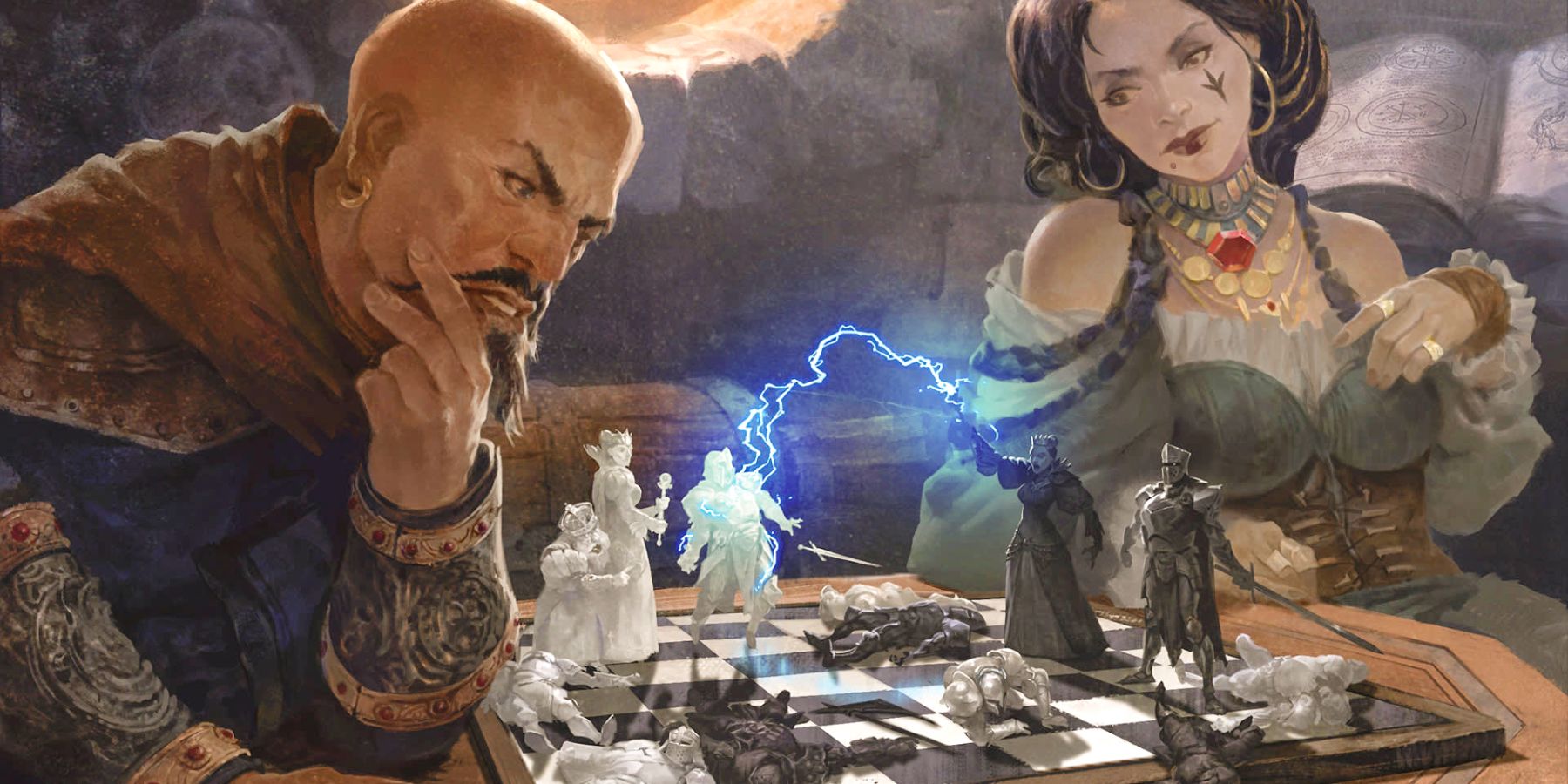 Dungeons & Dragons artwork of two characters playing a board game that resembles a magical version of chess, where one figure on the checkered board is striking another with a bolt of lightning.