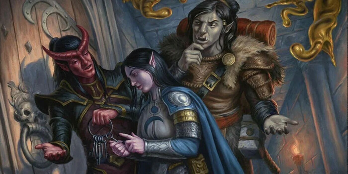 Three Dungeons & Dragon characters, holding a ring of keys, appear to have an engaged conversation