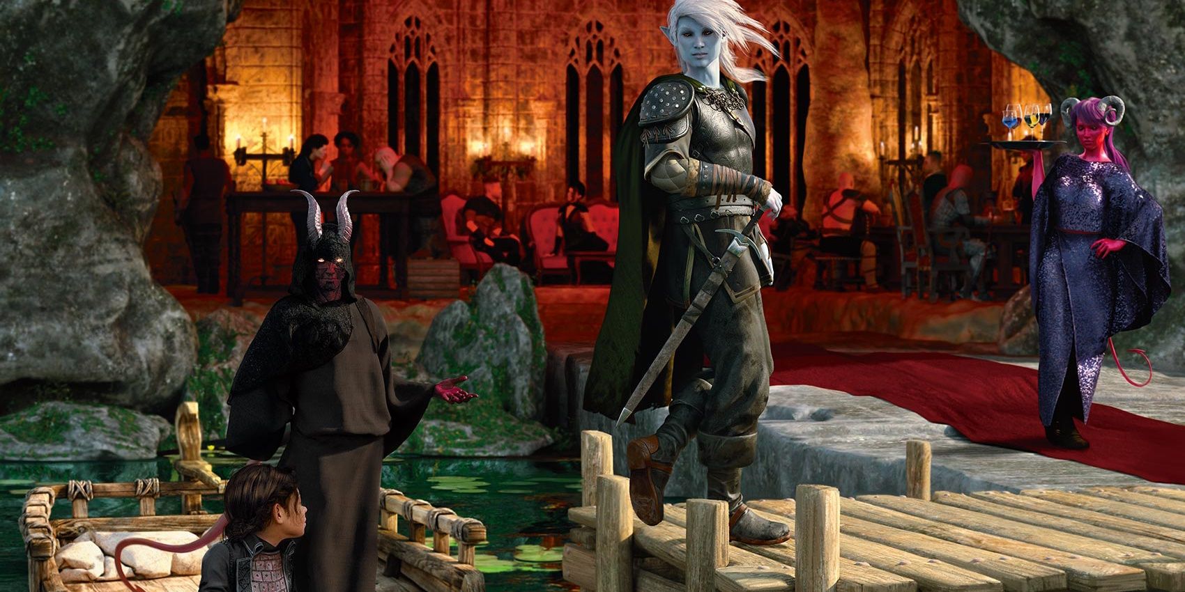 A group arrives by boat at a luxurious location, greeted by a tiefling with a drinks tray.