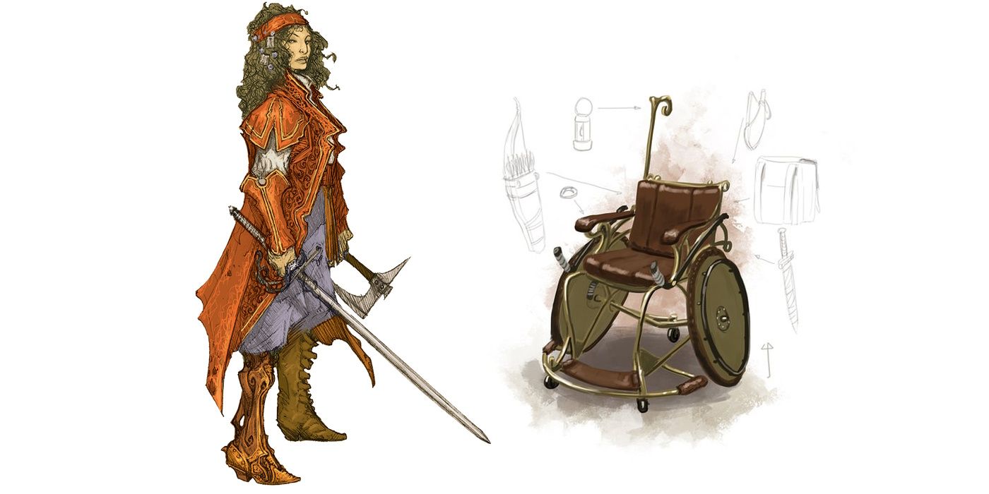 On the left a woman with a prosthetic leg stands proudly sword in hand. On the right is artwork for a combat wheelchair.
