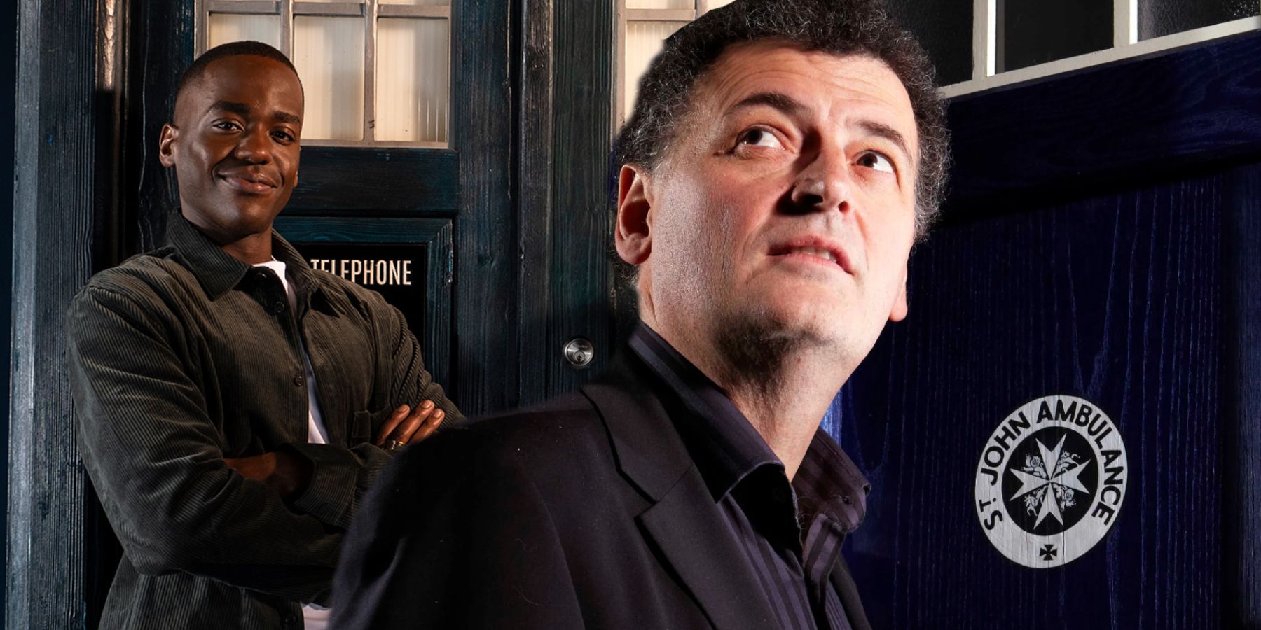 Ncuti Gatwa as the Doctor and Steven Moffat in front of the TARDIS