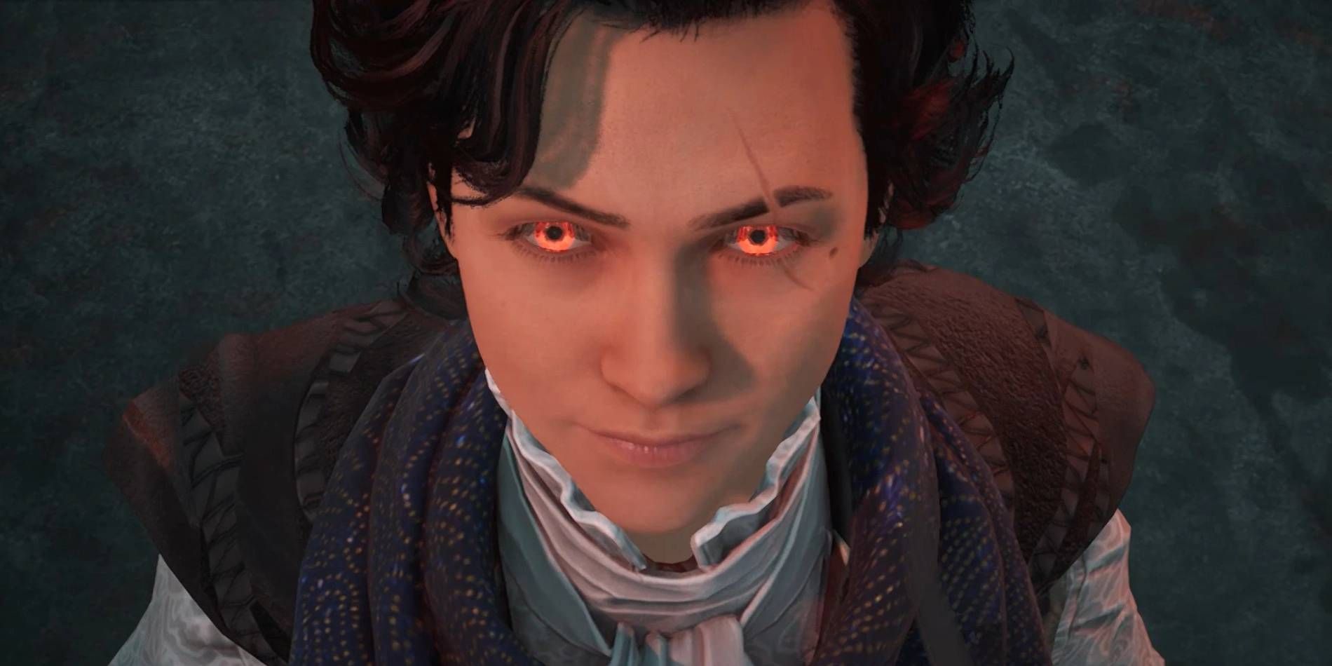 An evil-looking protagonist with glowing red eyes during one of Hogwarts Legacy's endings.