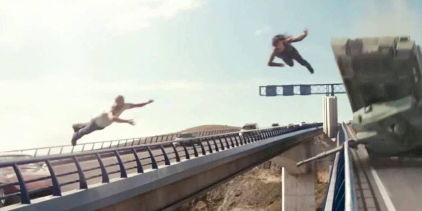 Dom catches Letty in midair in Fast & Furious 6