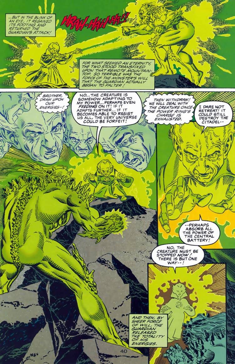 Comic book page: the Guardians of the Universe attack Doomsday.