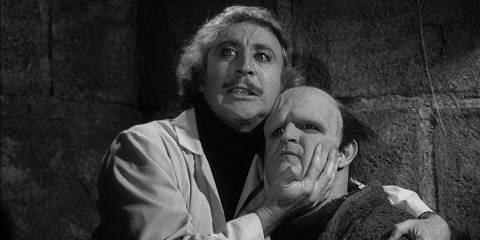 Dr Frankenstein (Gene Wilder) cradles the monster (Peter Boyle) in Young Frankenstein 