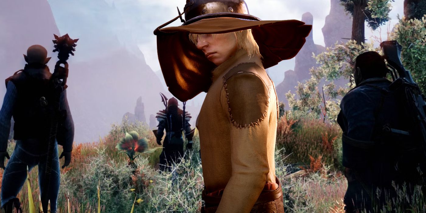 A character from the original Dragon Age superimposed over the party from Dragon Age Inquisition standing on a grassy hilltop