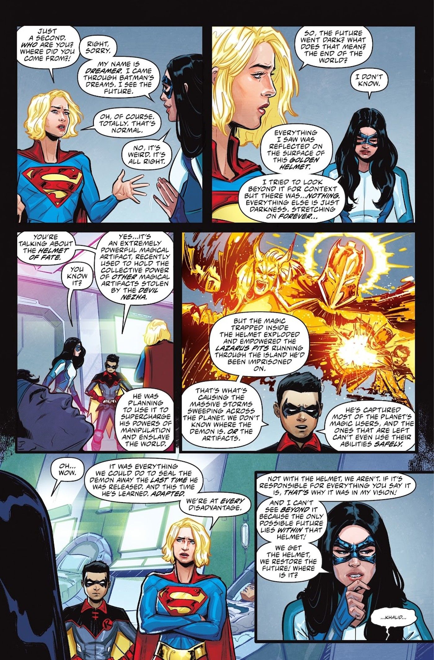Dreamer Discusses the Helmet of Fate with Supergirl and Robin