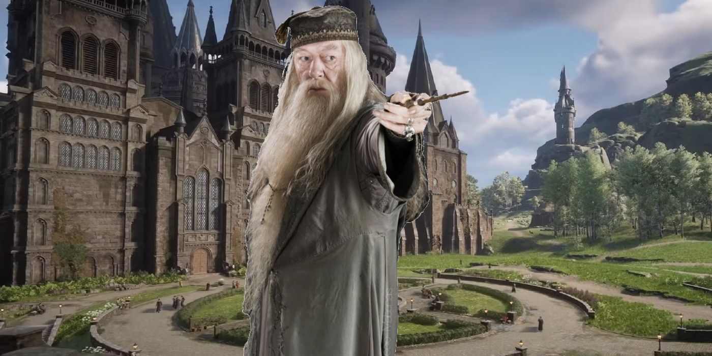 Dumbledore from the Harry Potter movies standing in front of the Hogwarts Legacy campus pointing a wand.