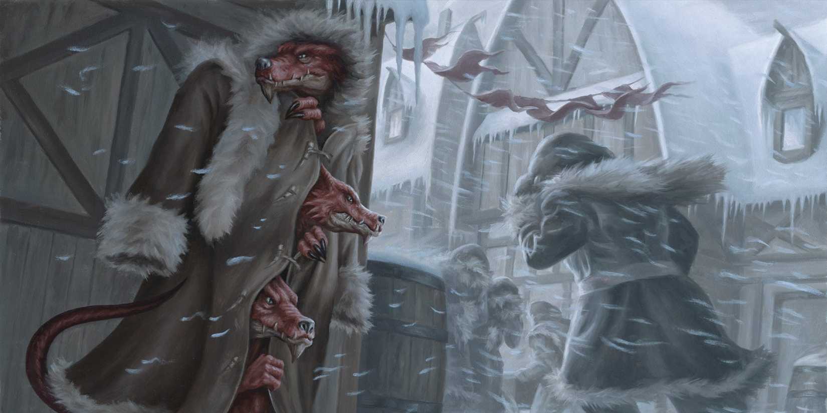 Three small kobolds standing on each other to fill a large coat.