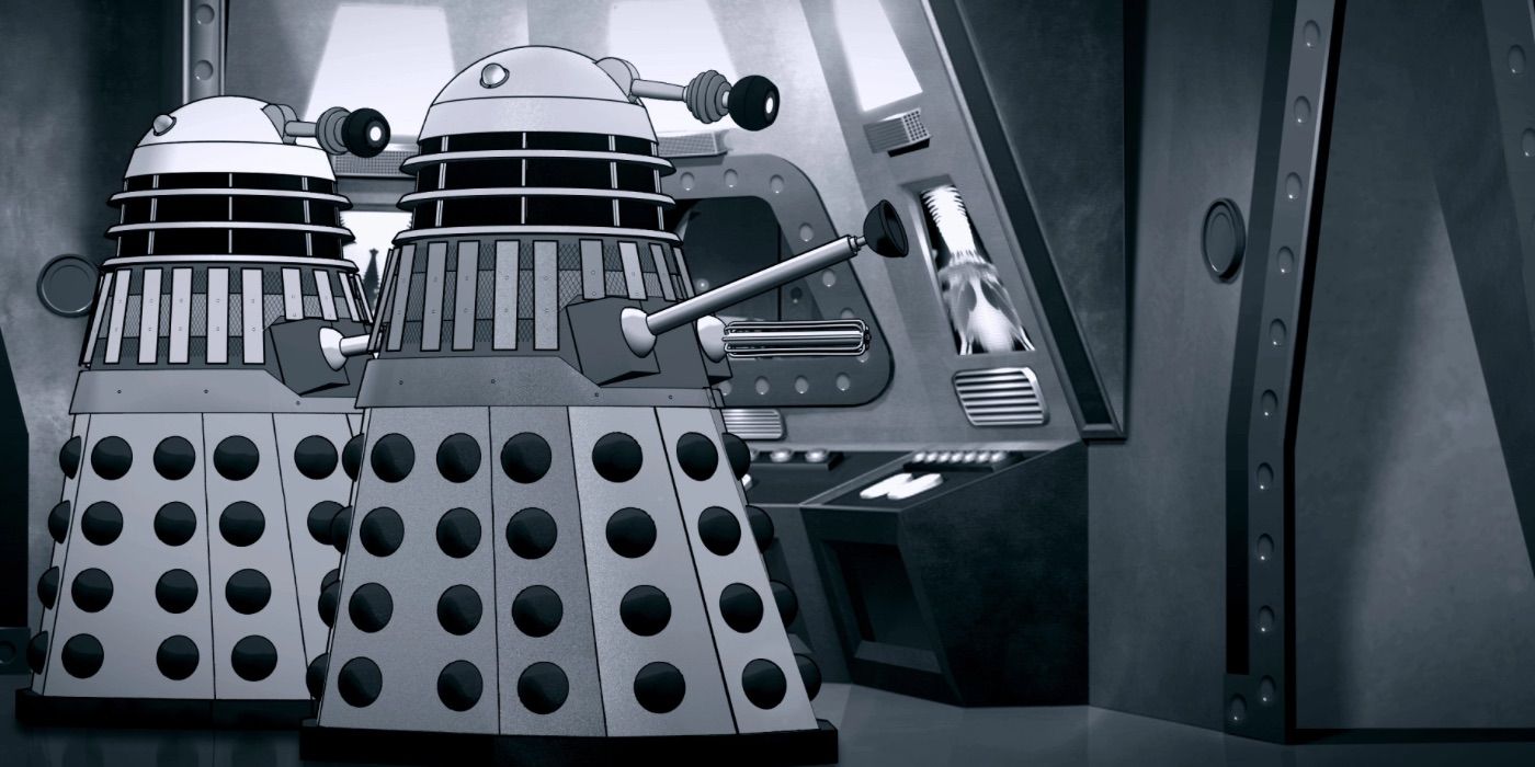A pair of Daleks roll together in Doctor Who