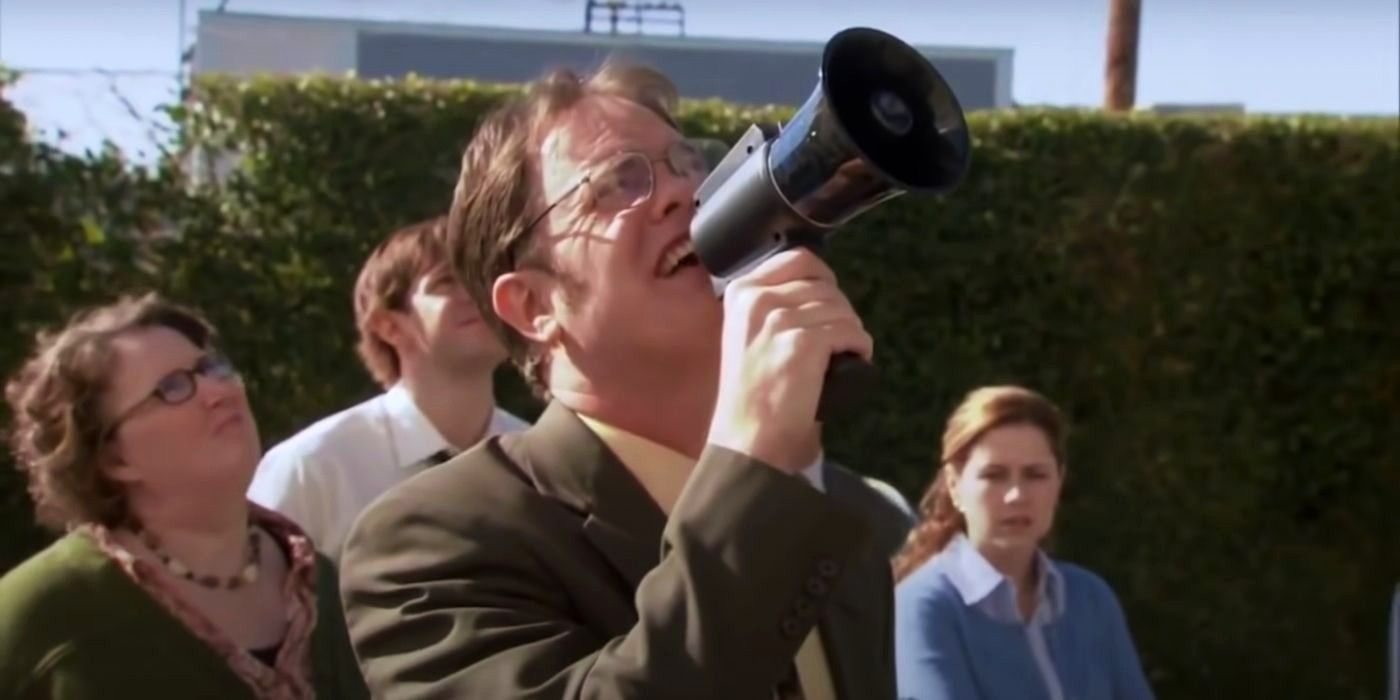Dwight yelling into a megaphone in The Office