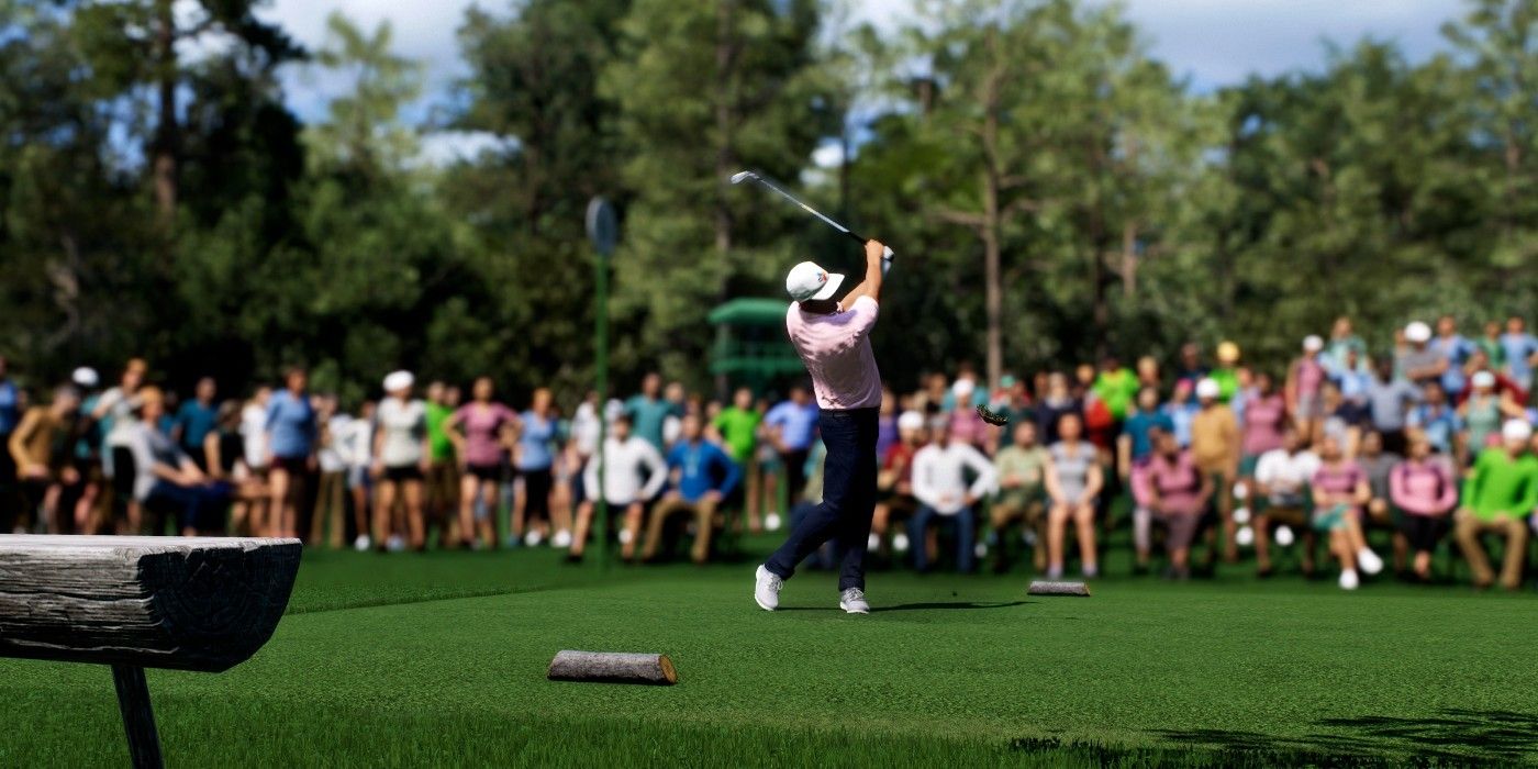 EA Sports PGA Tour player swinging a club in front of a big crowd.