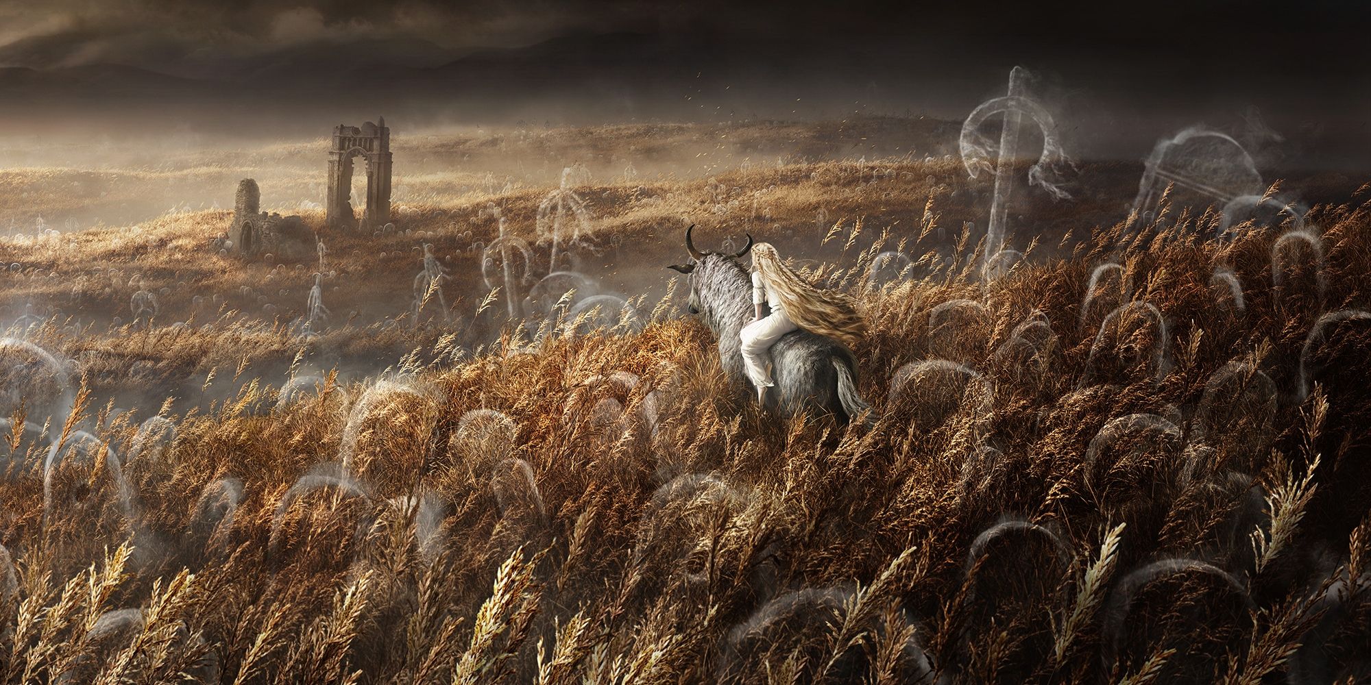 Um recorte da arte oficial de Elden Ring: Shadow of The Erdtree, apresentando uma personagem que pode ser Miquella montando um Spirit Steed em um campo de trigo com tumbas espectrais.