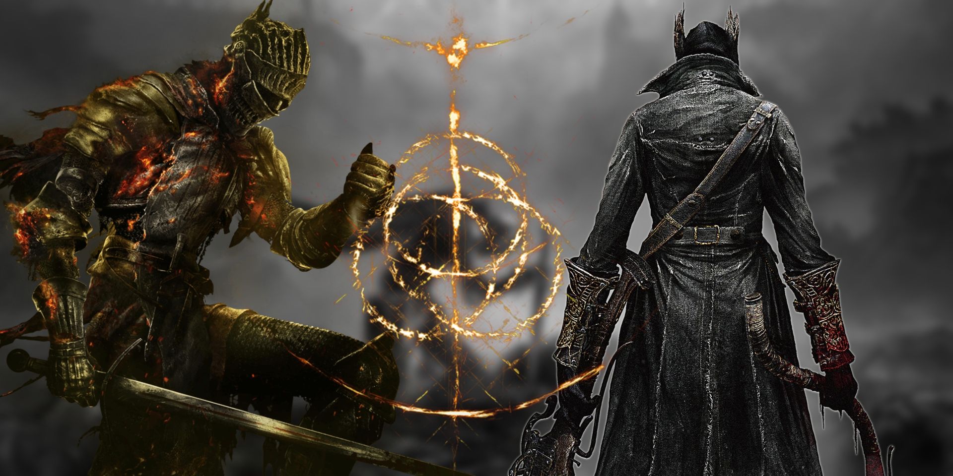 Personagens de Dark Souls e Bloodborne sobrepostos ao símbolo do anel Elden