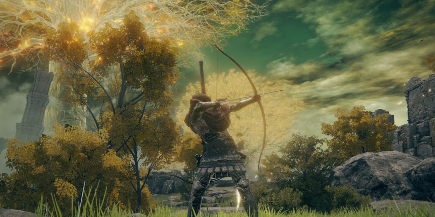 A player using a great bow ranged build in Elden Ring 