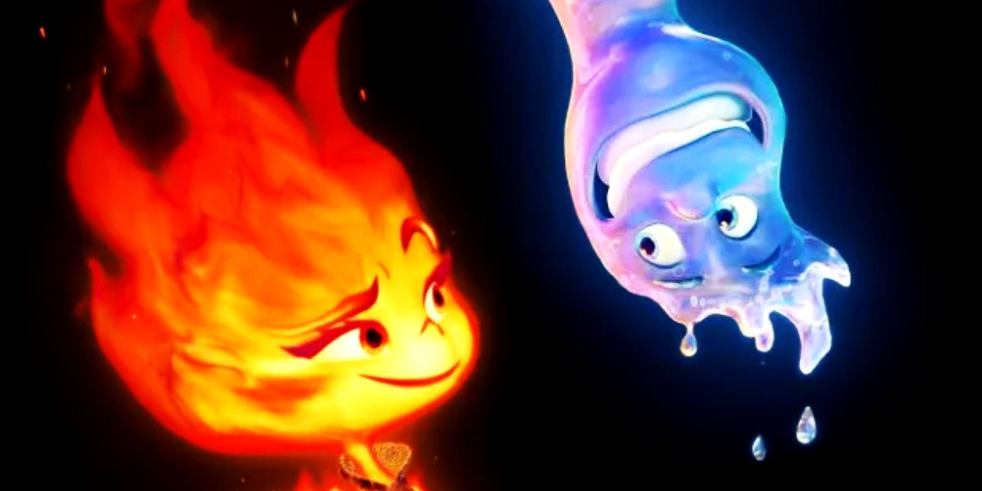Ember smiles while Wade looks at her upside down on an Elemental poster that has been cropped