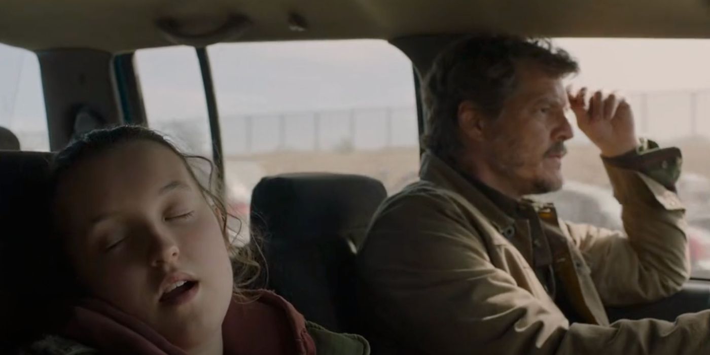 Ellie asleep in the car while Joel drives in Last of Us Episode 4