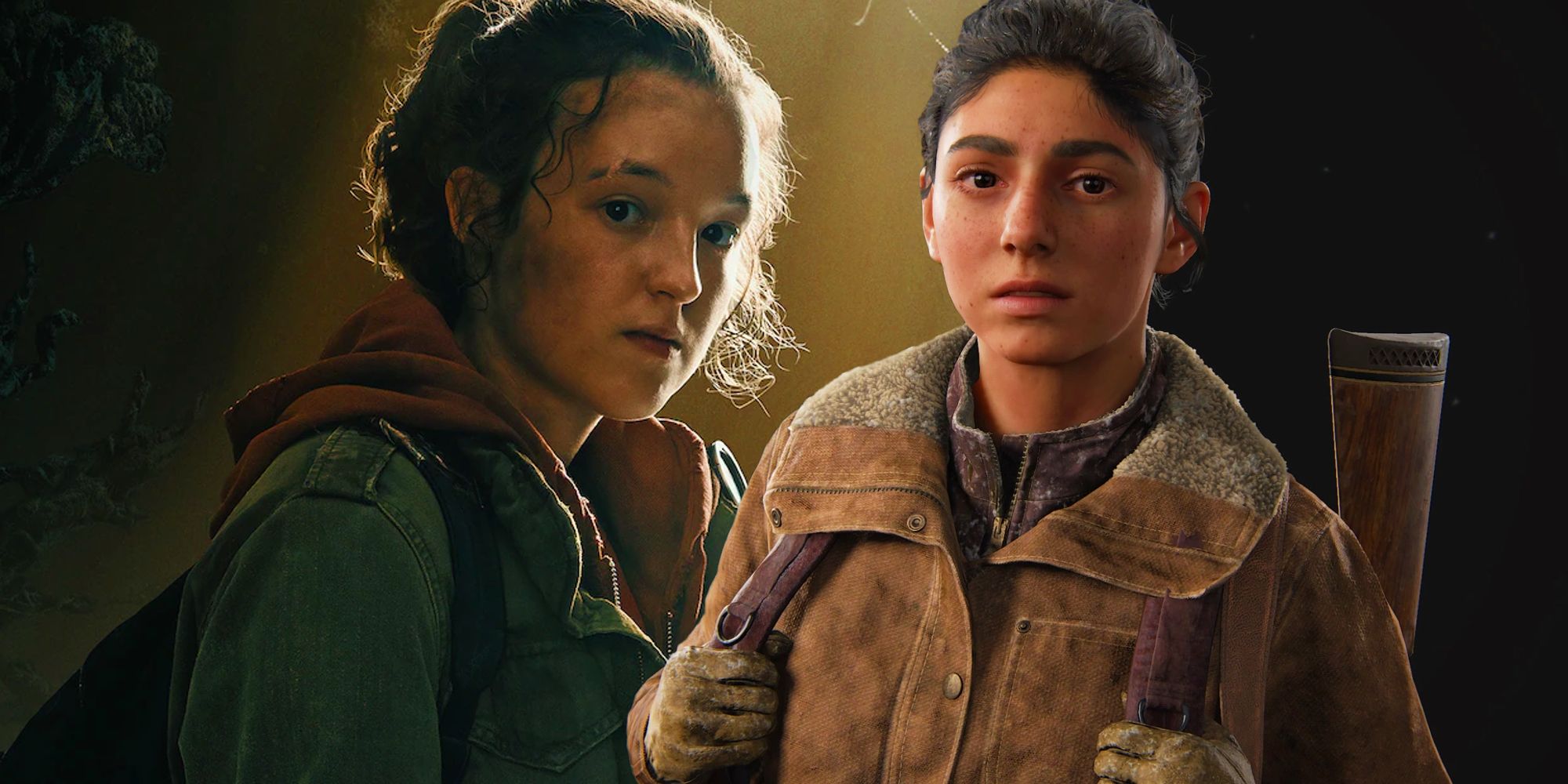 Bella Ramsey as Ellie in HBO's official Last of Us character poster next to the character model of Dina from The Last of Us Part II