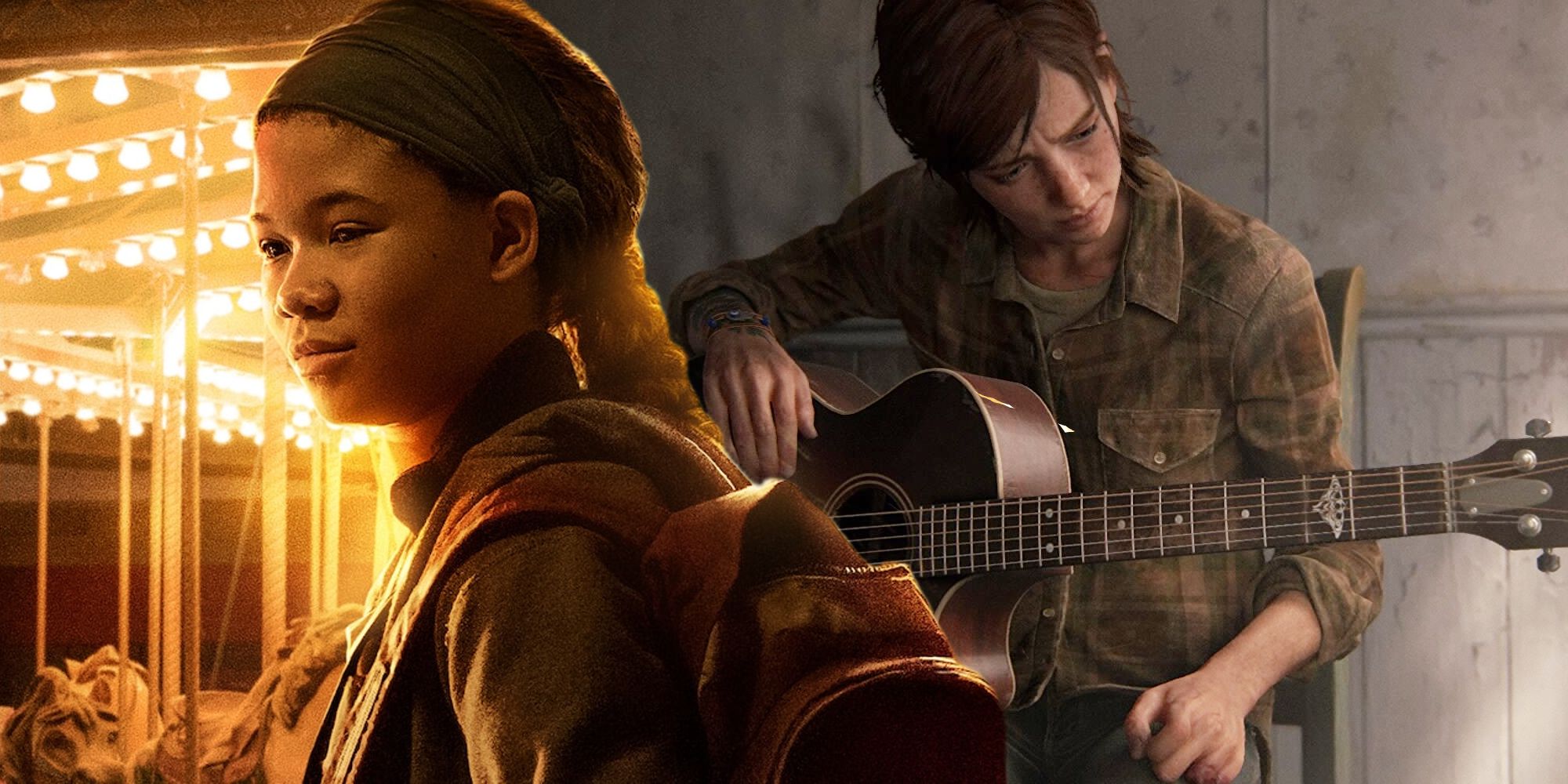 Ellie playing guitar in Last of Us Part II and Riley in Last of Us character poster