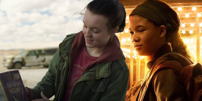 A blended image of Ellie pointing at her pun book in Last of Us episode 4 and Riley's character poster
