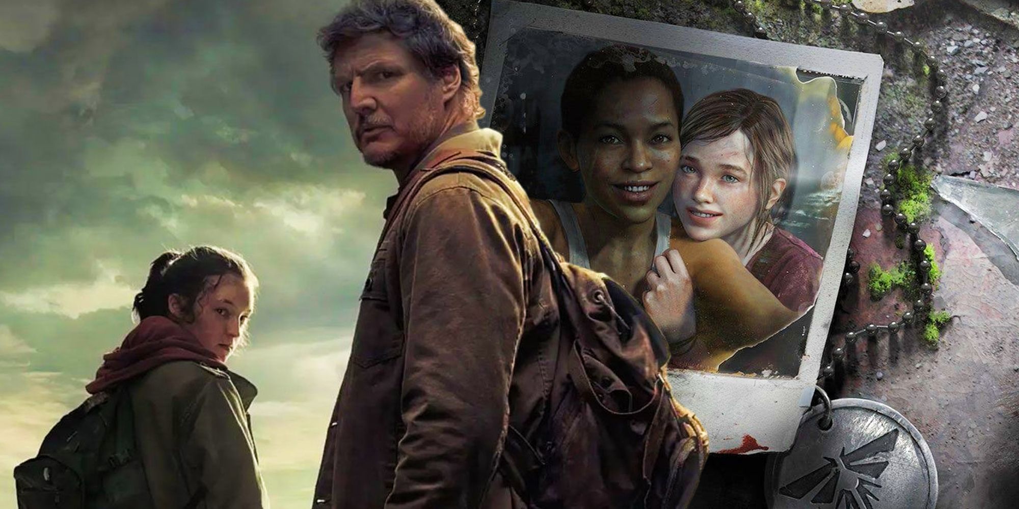 Ellie and Riley smiling in a polaroid photo in the poster for Left Behind and Ellie and Joel from The Last of Us poster for HBO