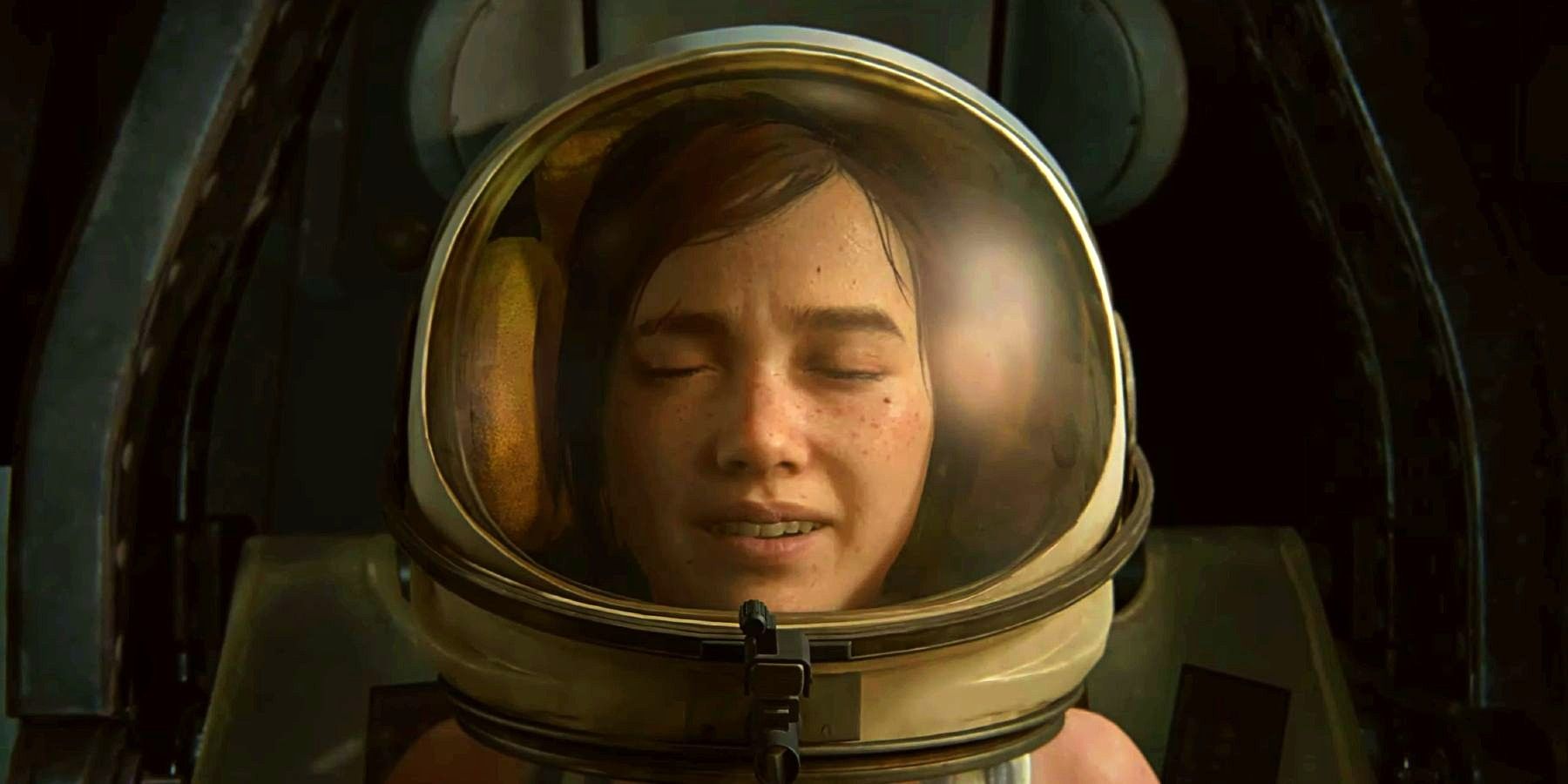 Ellie wearing the astronaut helmet in The Last of Us Part II