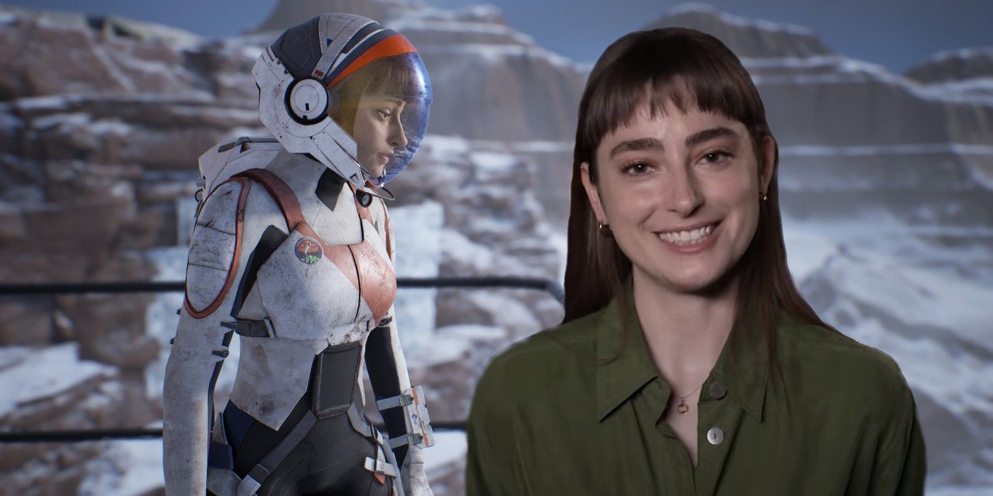 Actress Ellise Chappell next to her character in a space suit in Deliver Us Mars.