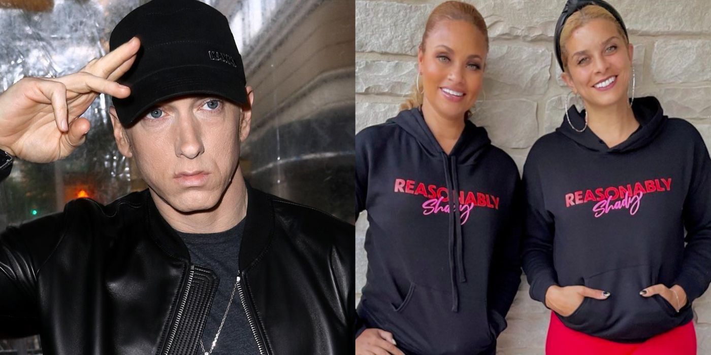 Eminem side by side with RHOP's Gizelle Bryant and Robyn Dixon, who are clad in 'Reasonably Shady' sweatshirts