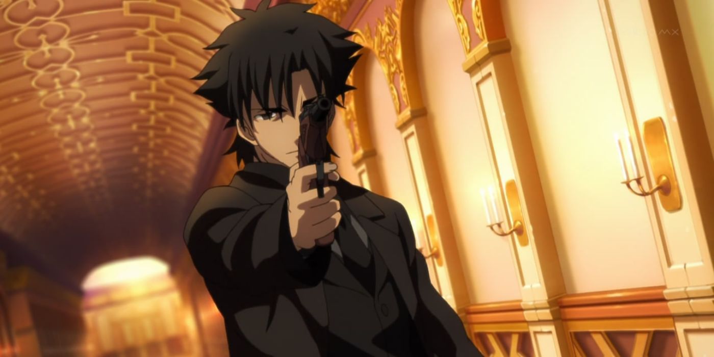 Kiritsugu Emiya pointing his gun in Fate/Zero.