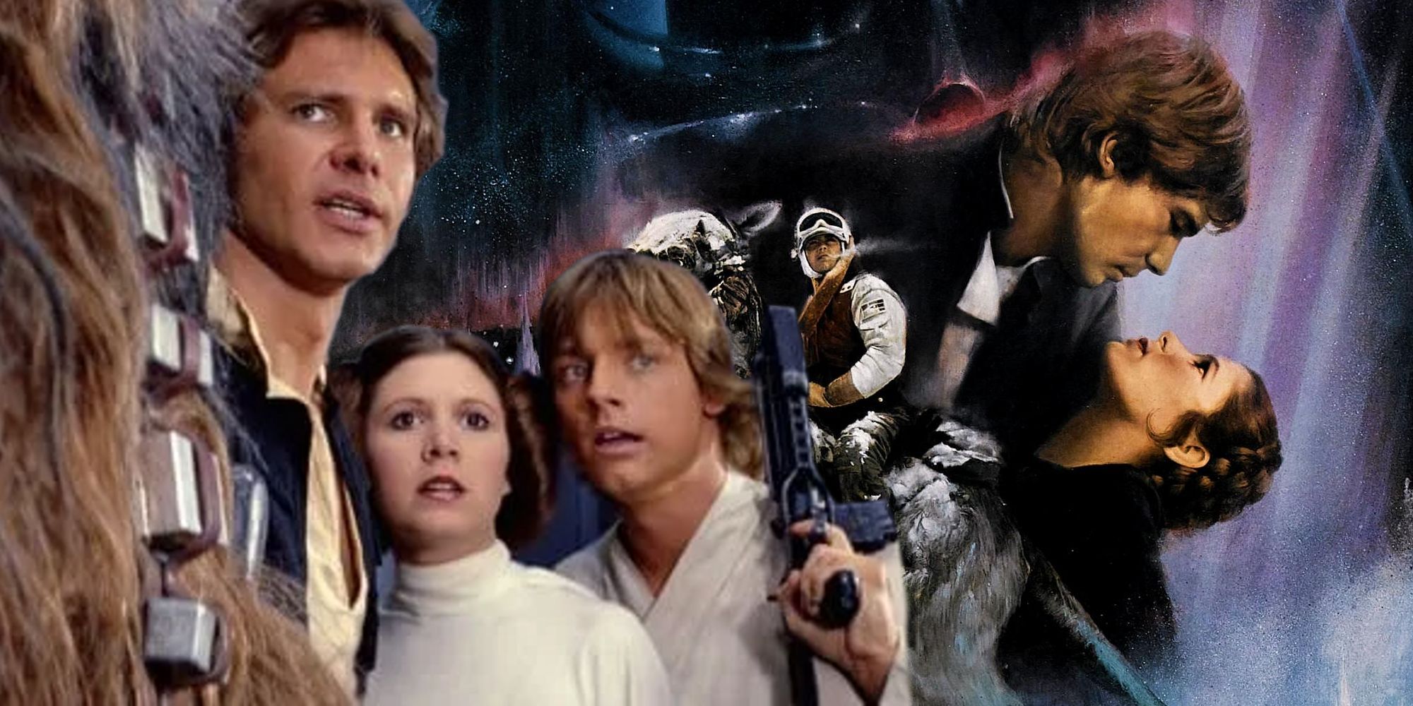 Han, Luke, and Leia looking towards Stormtroopers on the Death Star and the poster for The Empire Strikes Back