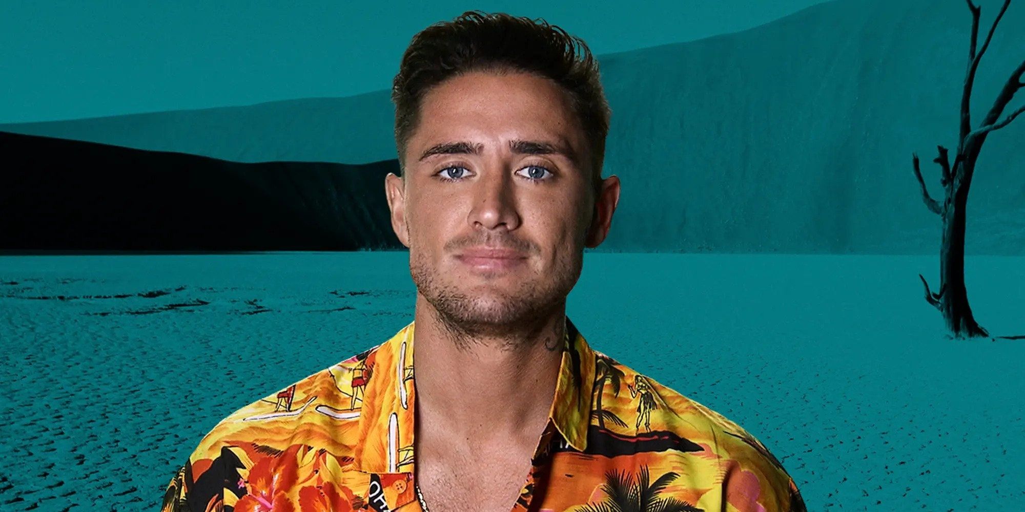 Stephen Bear from The Challenge in front of a blue background with a Hawaiian shirt on