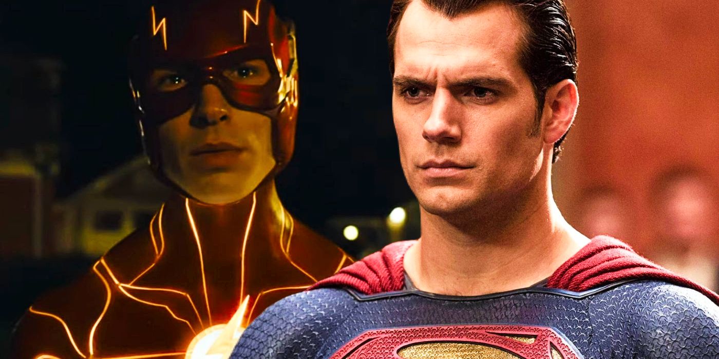 Ezra Miler as Barry Allen in The Flash trailer; Henry Cavill as Superman in Batman v Superman