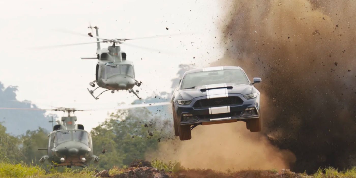 Car racing off a cliff and being chased by helicopters in F9