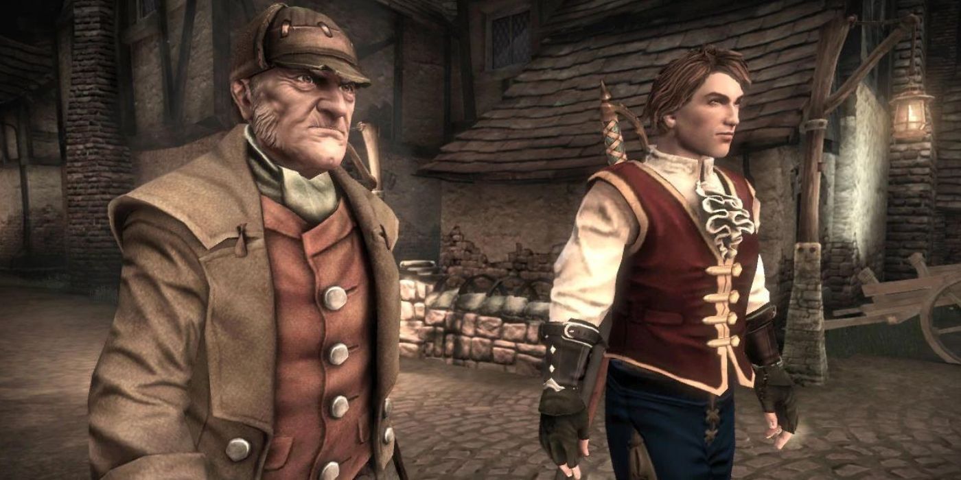 A screenshot two characters walking down a cobblestone road in Fable 3.