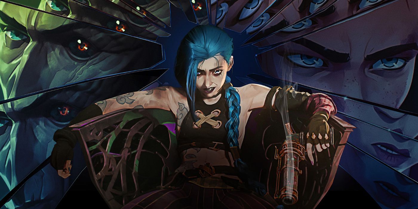 Jinx se sienta en un trono con una pistola humeante frente a un primer plano de los ojos de los personajes en una imagen promocional de Arcane.