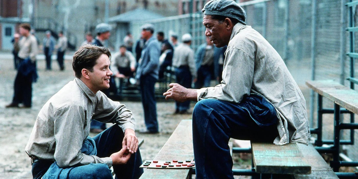 Tim Robbins' Andy and Morgan Freeman's Red smiling in Shawshank Redemption's prison scene.